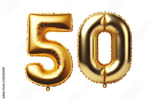 50 number fifty font golden balloon isolated on white transparent background, PNG