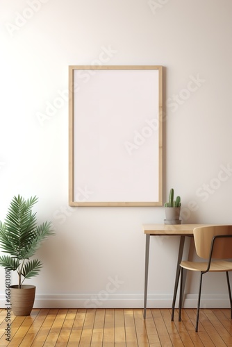 Wooden picture frame on a white wall next to a wooden desk. Simple and elegant home decor.