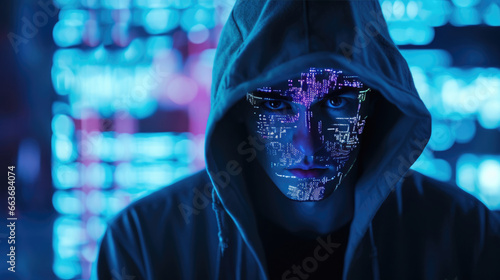 A cyberpunk hacker in a dimly lit neon room