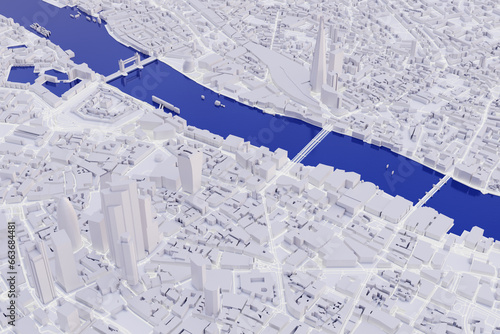 London aerial view of a conceptual low poly city. White 3d buildings with river Thames and popular UK landmarks like Tower Bridge.