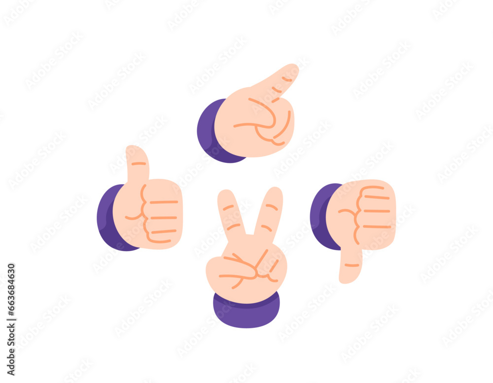 hand symbol v or peace symbol, thumb down or dislike, thumb up or like, finger pointing. collection of hand gesture illustration designs. cartoon or flat style. vector elements. white background hand symbol v or peace symbol, thumb down or dislike, thumb up or like, finger pointing. collection of hand gesture illustration designs. cartoon or flat style. vector elements. white background