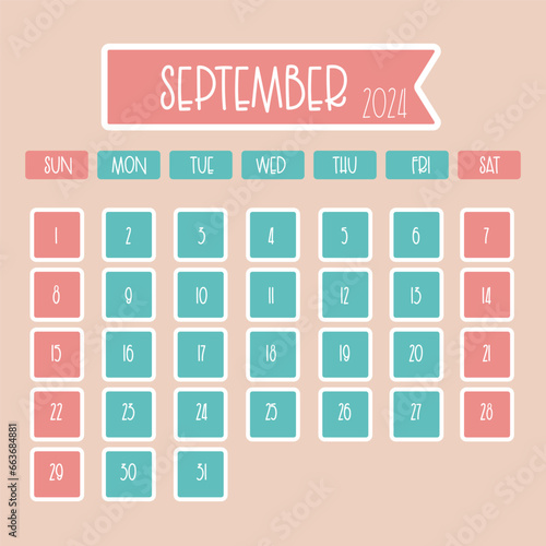 September 2024 monthly calendar design with thin font where week starts from sunday