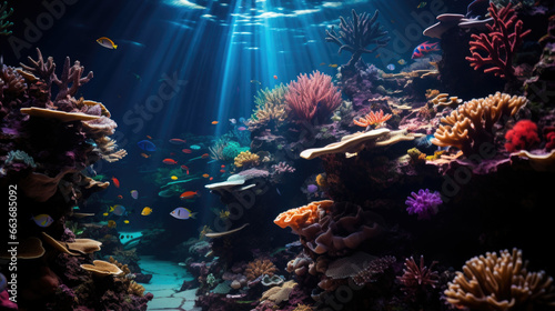 underwater coral reef landscape background in the deep blue ocean with colorful fish and marine life © Ruslan Gilmanshin
