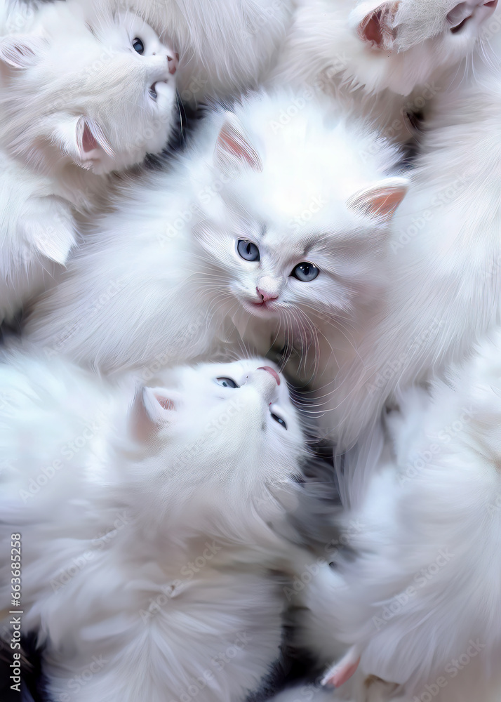 Flock of fluffy white kittens, portrait of ruffle white little cats, animal world, pet life, felines playing together, cute white cats, animal life for background or wallpaper