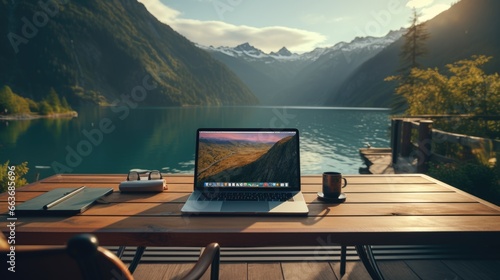 businessman's outdoor office or workspace while he traveling on his holiday.	 photo