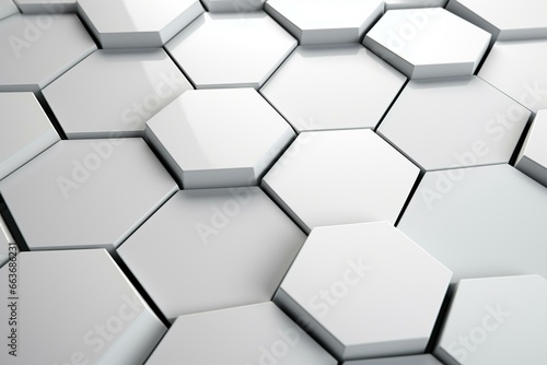Arrangement of hexagonal tiles forming a 3D wall against a polished white background. Rendered in a futuristic style. Generative AI