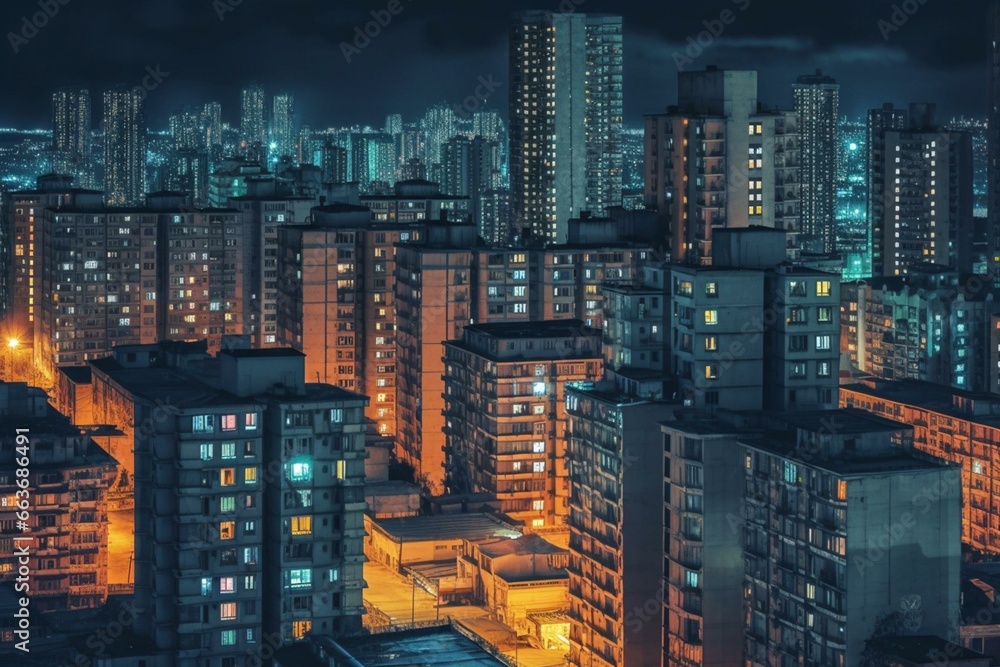 Nighttime cityscape with illuminated apartment buildings. Generative AI