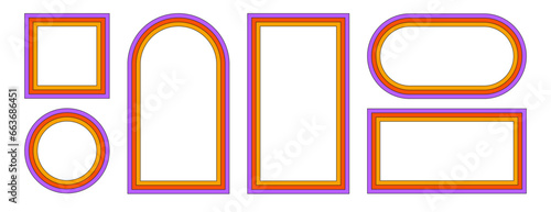 Groovy rainbow frames in 1970s hippie style. Psychedelic retro borders. Text box funky 70s. Good vibes background. Pop vintage groovy square and rectangle frame. Vector illustration.