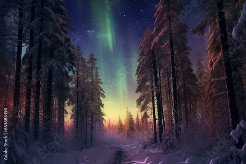 Winter woodland with colorful northern lights. Generative AI © Leila