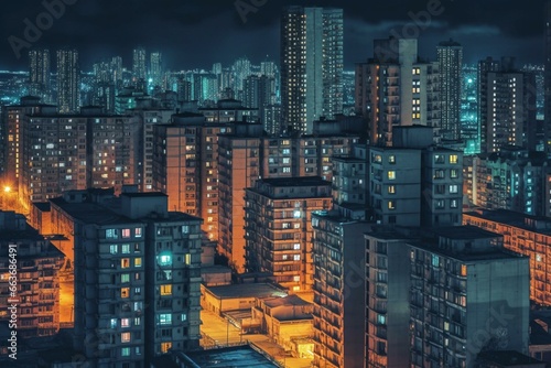 Nighttime cityscape with illuminated apartment buildings. Generative AI