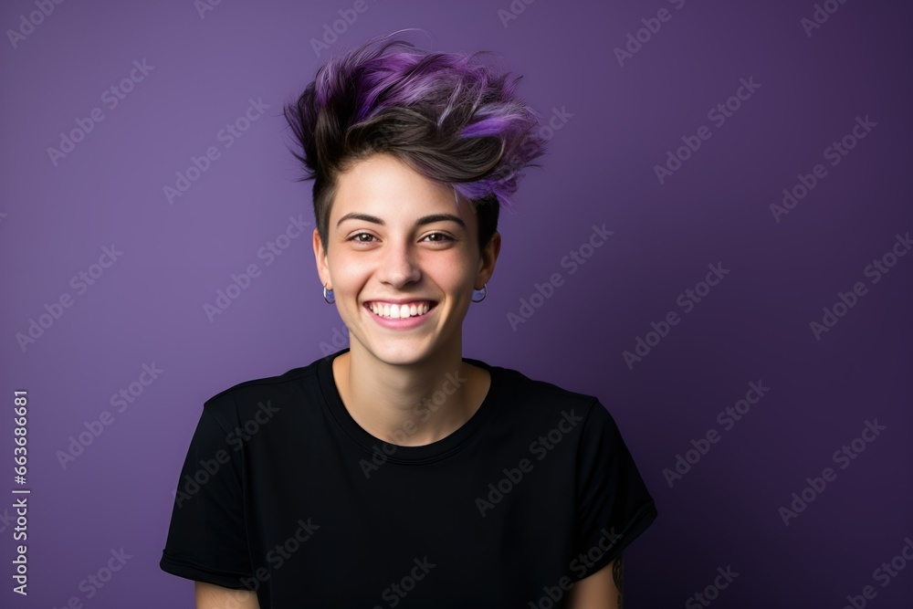 Close-Up Portrait of a Fictional Young Short Haired Woman Model Smiling Isolated on a Colored Background. Generative AI. Close-Up Portrait of a Fictional Young Short Haired Woman Model Smiling Isolated on a Colored Background. Generative AI.
