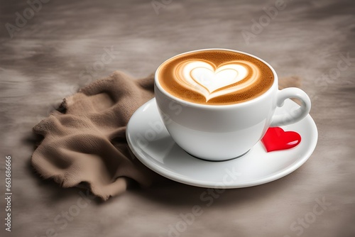 White cup of cappuccino coffee with foam with a heart pattern on a saucer with a spoon on a dark background. photo