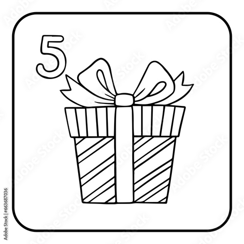 Xmas coloring advent calendar. Hand drawn vector logo gift box with ribbon