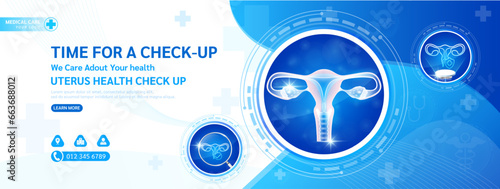 Medical banner website health care template social media design for check up. Female uterus in circle frame stethoscope and magnifying glass examining organ. Background for medical ad. Vector.