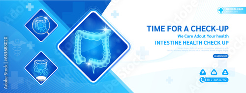 Medical banner social media health care template design for check up. Intestine in square frame magnifying glass and stethoscope examining organ. Poster or background for medical ads website. Vector.
