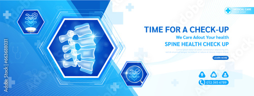 Medical banner health care website template design for check up. Spine bone in hexagon frame stethoscope and magnifying glass examining organ. Background for medical advertising social media. Vector.