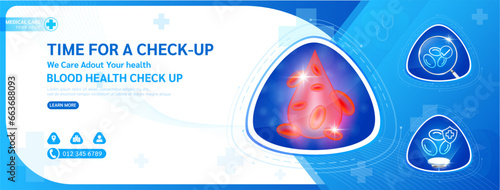 Medical banner healthcare template design for check up. Blood cell in triangle frame stethoscope and magnifying glass examining organ. Background for medical ads website social media. Vector.