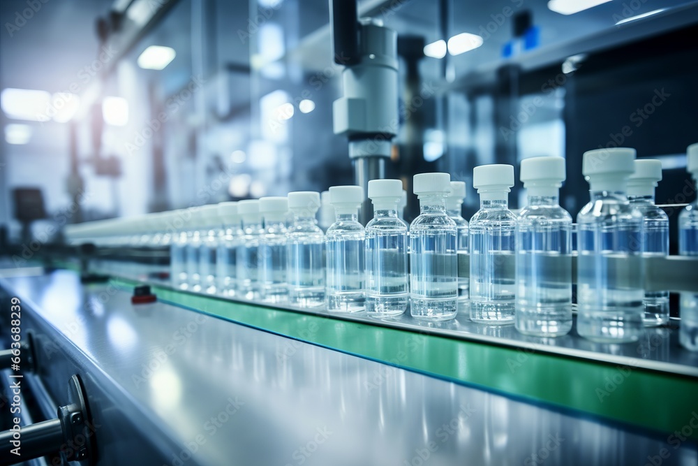 Medical vials on production line at pharmaceutical factory. Medical vials on production line at pharmaceutical factory.