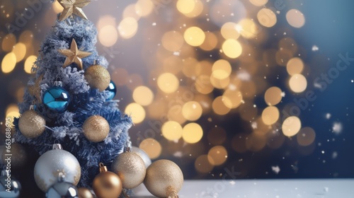 Christmas tree in white frost decorated golden and blue color theme with blurred bokeh background