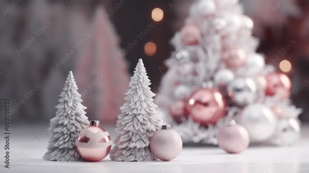 Christmas tree in white frost decorated pink and silver color theme with blurred bokeh background