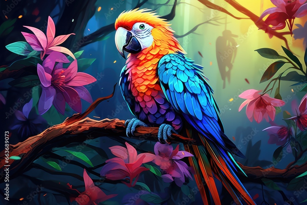 Obraz premium Colorful illustration scarlet macaw parrot in jungle.