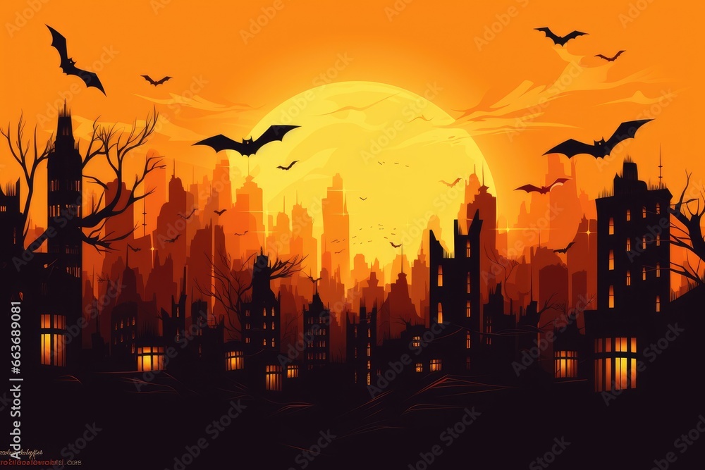 Halloween City Skyline Silhouette Illustration with Orange and yellow background and flying bats.