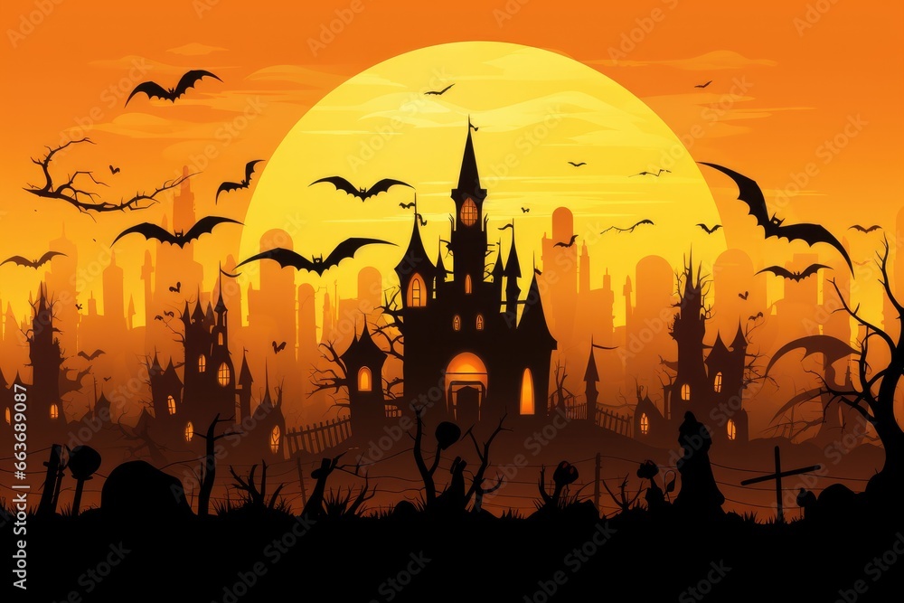 Halloween City Skyline Silhouette Illustration with Orange and yellow background and flying bats.