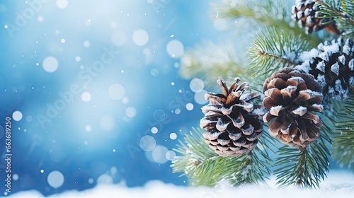 Christmas background with fir branches covered with snow and cones, bokeh effect. Christmas greeting  card. Ai generative
