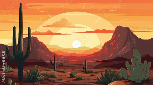 Wild Western Texas desert sunset with mountains and cactus.