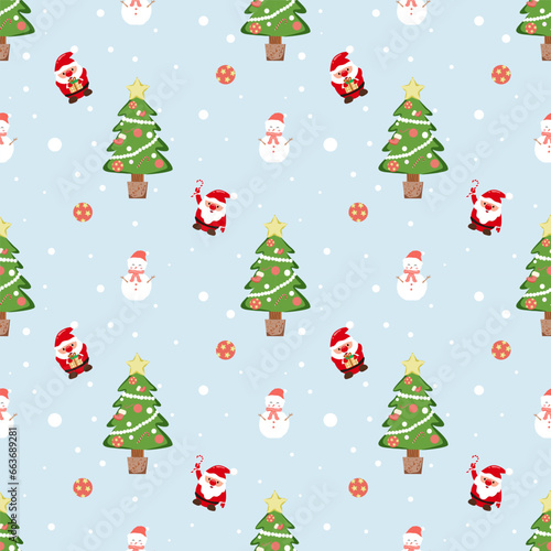 Cute cartoon Santa, Christmas tree, snowman, and beautifully decorated pine trees. Christmas seamless pattern Vector illustration
