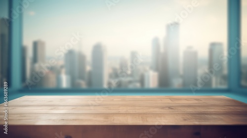 Creative mock concept Empty wooden table top and blurred city background backdrop for products