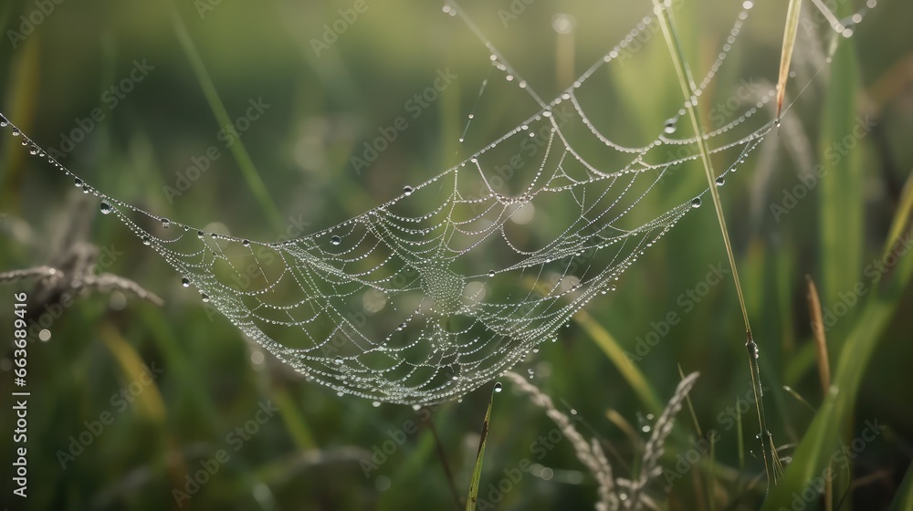 Dew drops on a spider web in nature close-up,beautiful wallpaper background about spider web in the morning