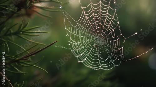 Dew drops on a spider web in nature close-up,beautiful wallpaper background about spider web in the morning