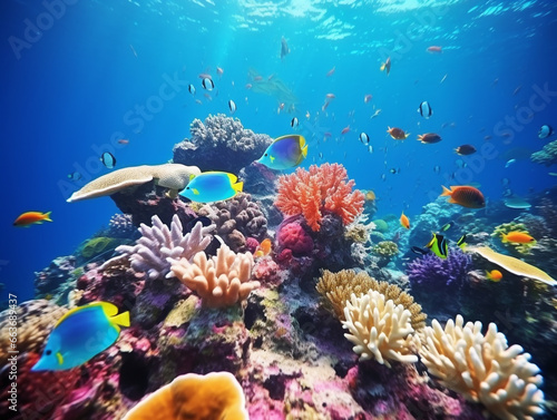 Vibrant marine ecosystem teeming with colorful fish and aquatic plants in a captivating underwater setting.