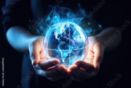 Hands holding crystal earth globe
