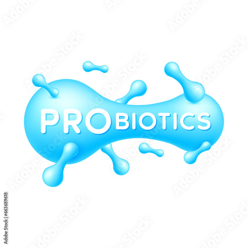 Probiotics bacteria blue. Good bacterial flora for stomach and intestine. Biology lactobacillus. Healthcare immunity support. Healthy nutrition. Icon 3D isolated on white background. Vector.