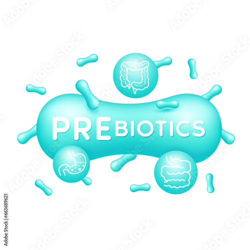 Stomach intestine and prebiotics green. Good bacterial flora. Biology lactobacillus. Healthcare immunity support. Healthy nutrition. Icon 3D isolated on white background. Vector.