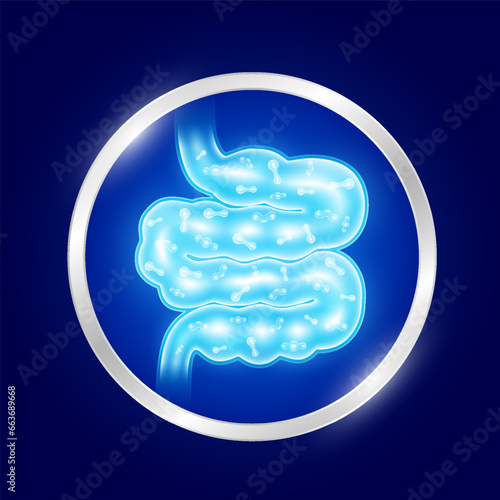 Probiotics blue inside small intestine. Biology lactobacillus good bacteria flora for stomach and intestine. Silver label for design dietary supplements healthy nutrition. Health care concept. Vector.