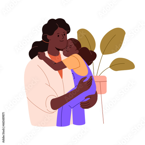 Single parent household. Happy relationship in family. Mom holds her child in hand, mother hugs daughter, woman loves baby. Girl raising kid alone. Flat isolated vector illustration on white
