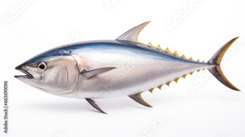 Yellow fin tuna on a white background, fresh tuna caught by fishermen. Tuna fish contains very high amounts of folate, iron and vitamin B12 so it can prevent anemia.