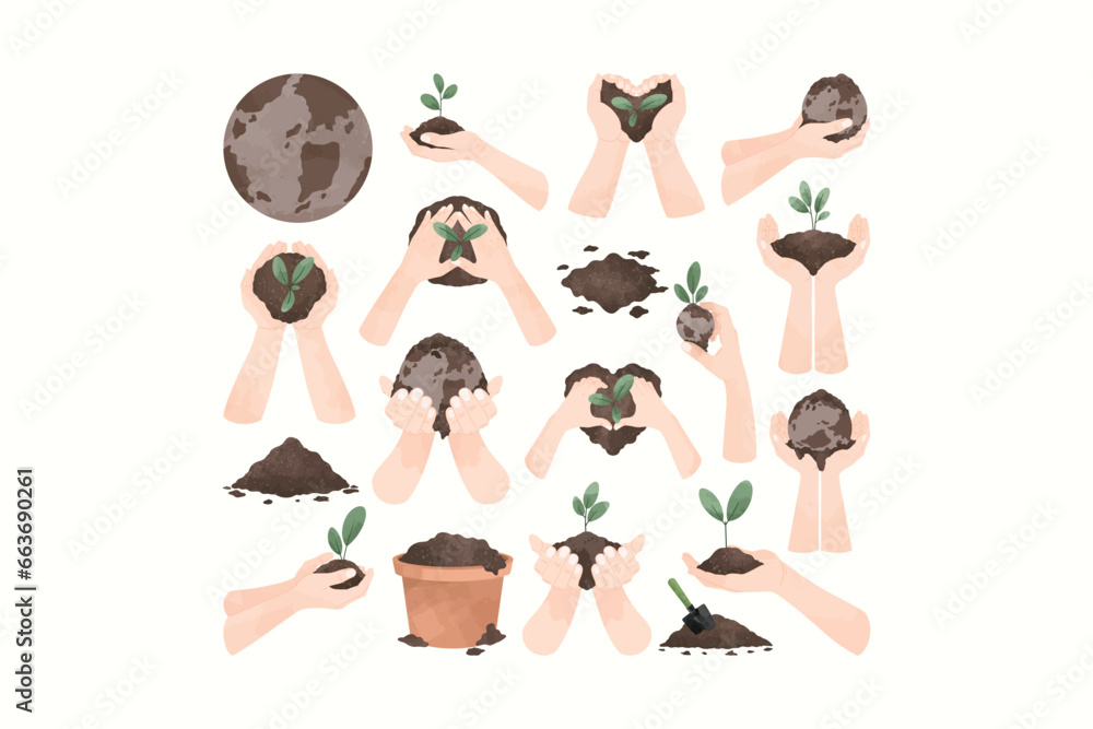 Hand Holding Soil Illustration Set