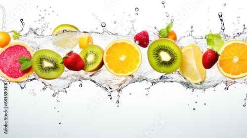 Juicy organic fruit slice splashing in a studio  showcasing colorful variation.