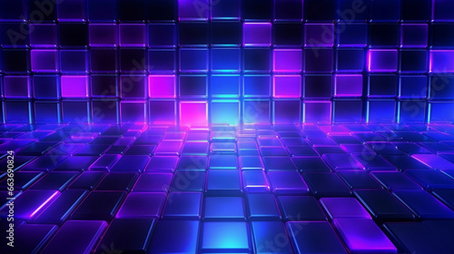 Neon glow blue purple and pink perspective grid room  cyber pace  digital and techonology concept  retro future abstract background.