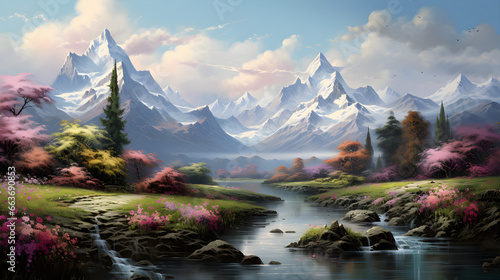 A Scenic Symphony, Majestic Mountains, Serene River, and Blooming Fields