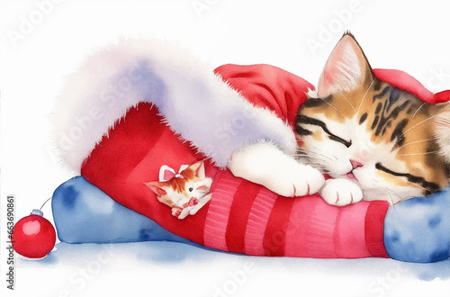 Watercolor Christmas little cat kitten character sleeping in Christmas sock near gift boxes, Christmas card, Copy space, new year