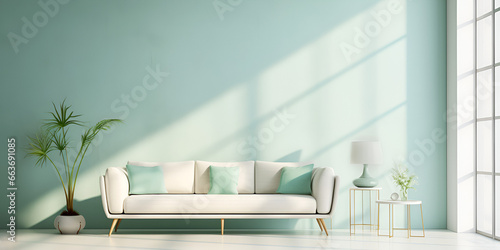 Minimalistic soft turquoise interior design with a sofa, light and shadows 