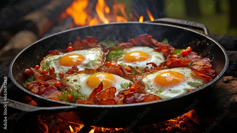 In a cast iron pan, bacon and eggs for breakfast while camping. In the woods, a skillet of fried eggs and bacon. aliments in the camp. bacon and eggs scrambled, on fire. Picnic..