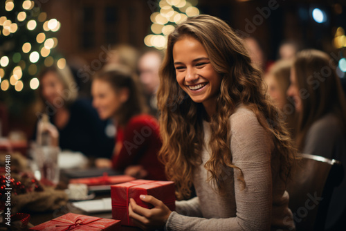 Beautiful young woman with freinds or colleages enjoying christmas party, Christmas and New year concept. 