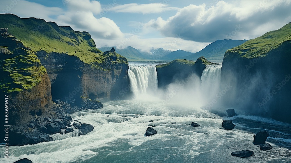 Norwegian waterfall Skogafoss natural landscape banner. Drone aerial image of the highest waterfall.. Norwegian waterfall Skogafoss natural landscape banner. Drone aerial image of the highest waterfall..