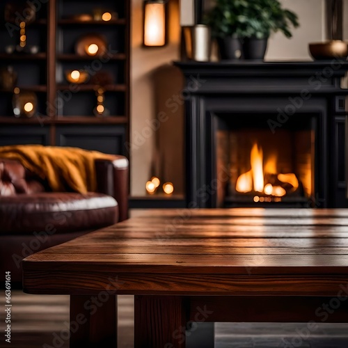 Wooden table on top with fireplace in background 